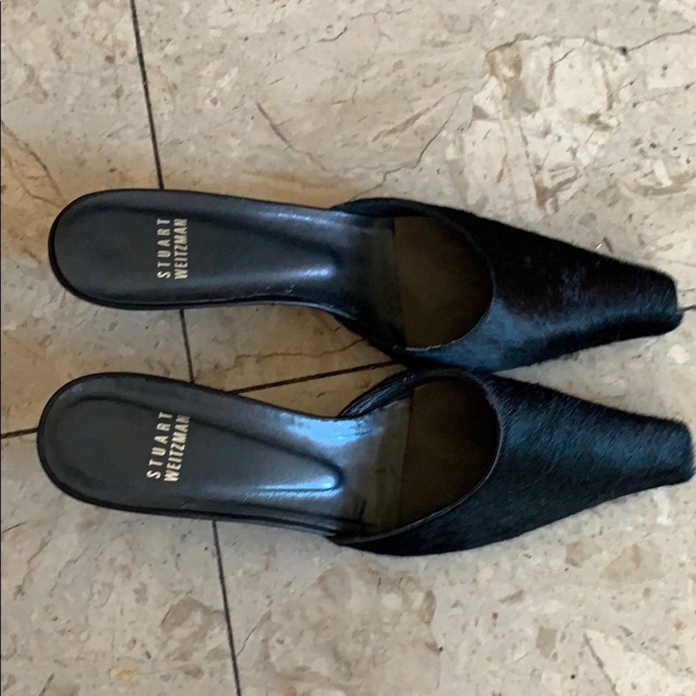 Stuart Weizmann Calf hair square toe kitten heels